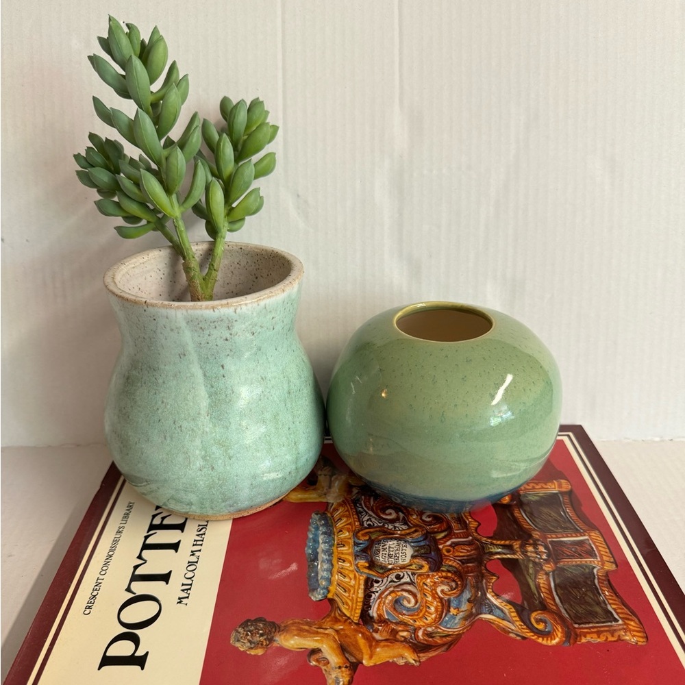 2 Vtg. Signed pieces of Studio Pottery with beautiful glaze in blue and green.